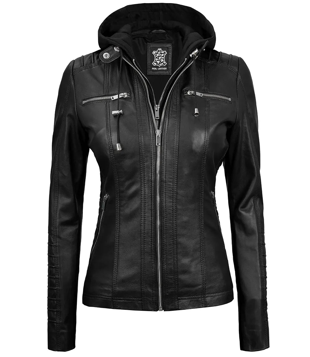 Black hooded leather jacket