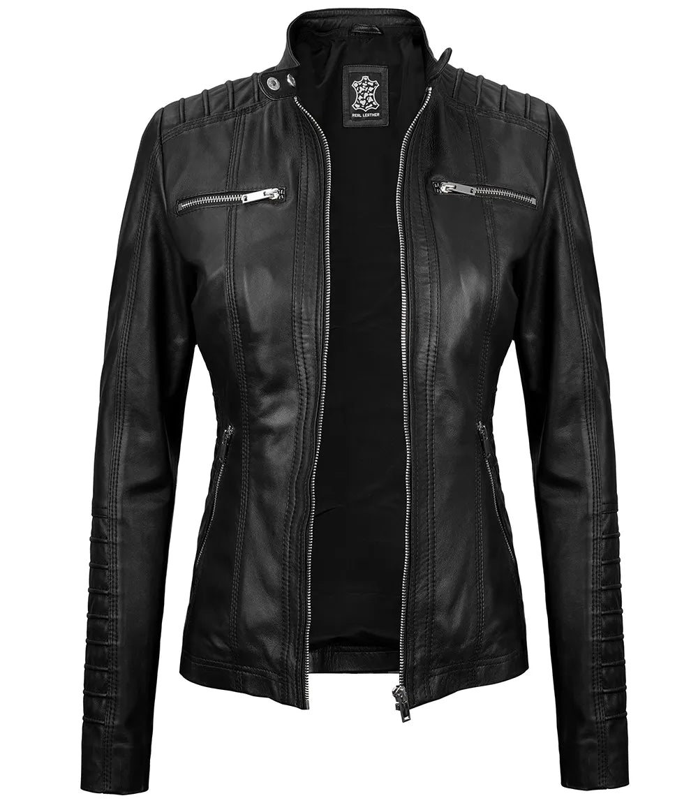 Women hooded black leather jacket