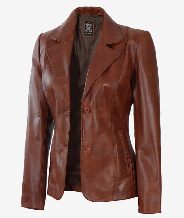 Women cognac leather blazer