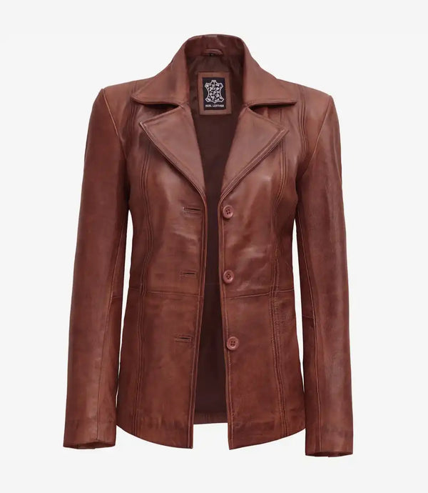 Womens Three Button Cognac Brown Leather Blazer