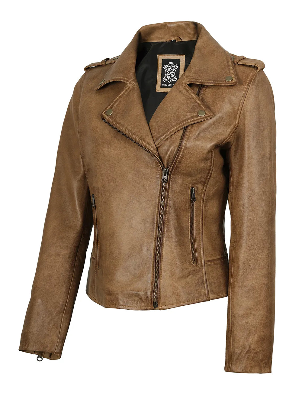 Womens Camel Brown Leather Jacket – Biker Style – Decrum