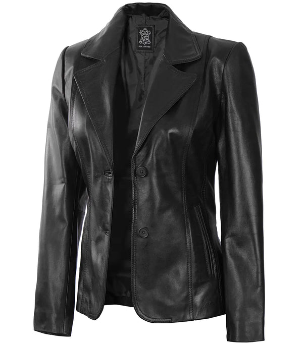 Schwarze Damen-Lederblazerjacke mit zwei Knöpfen 