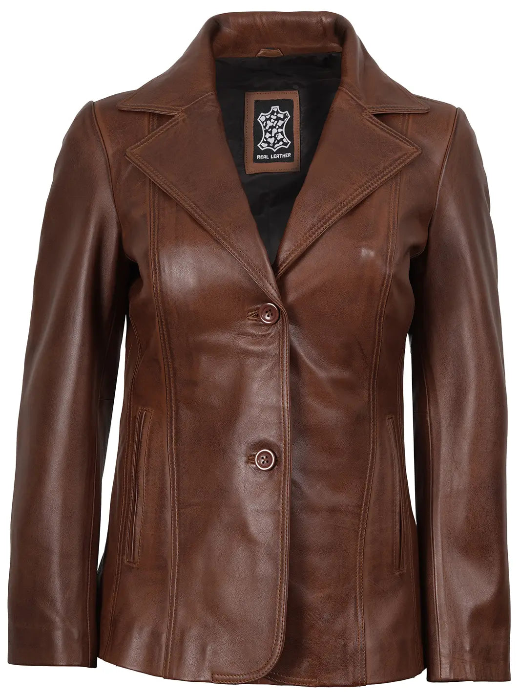 Womens Cognac Lambskin Leather Blazer