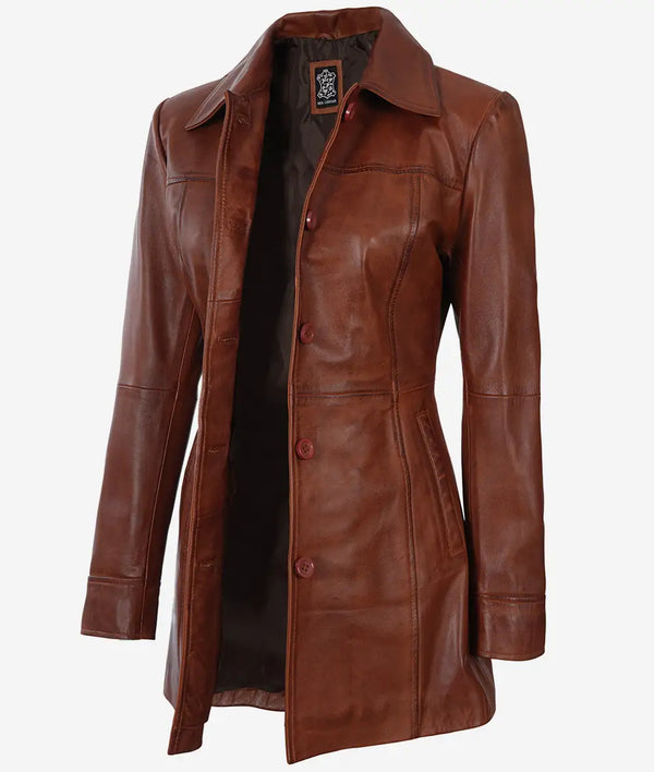 Women cognac leather car coat