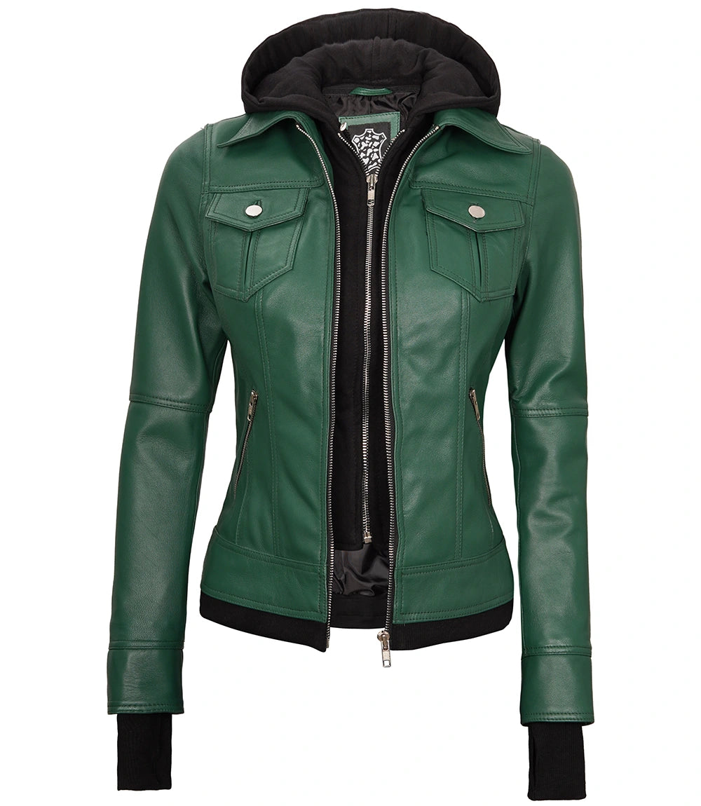 women green hooded leather jacket