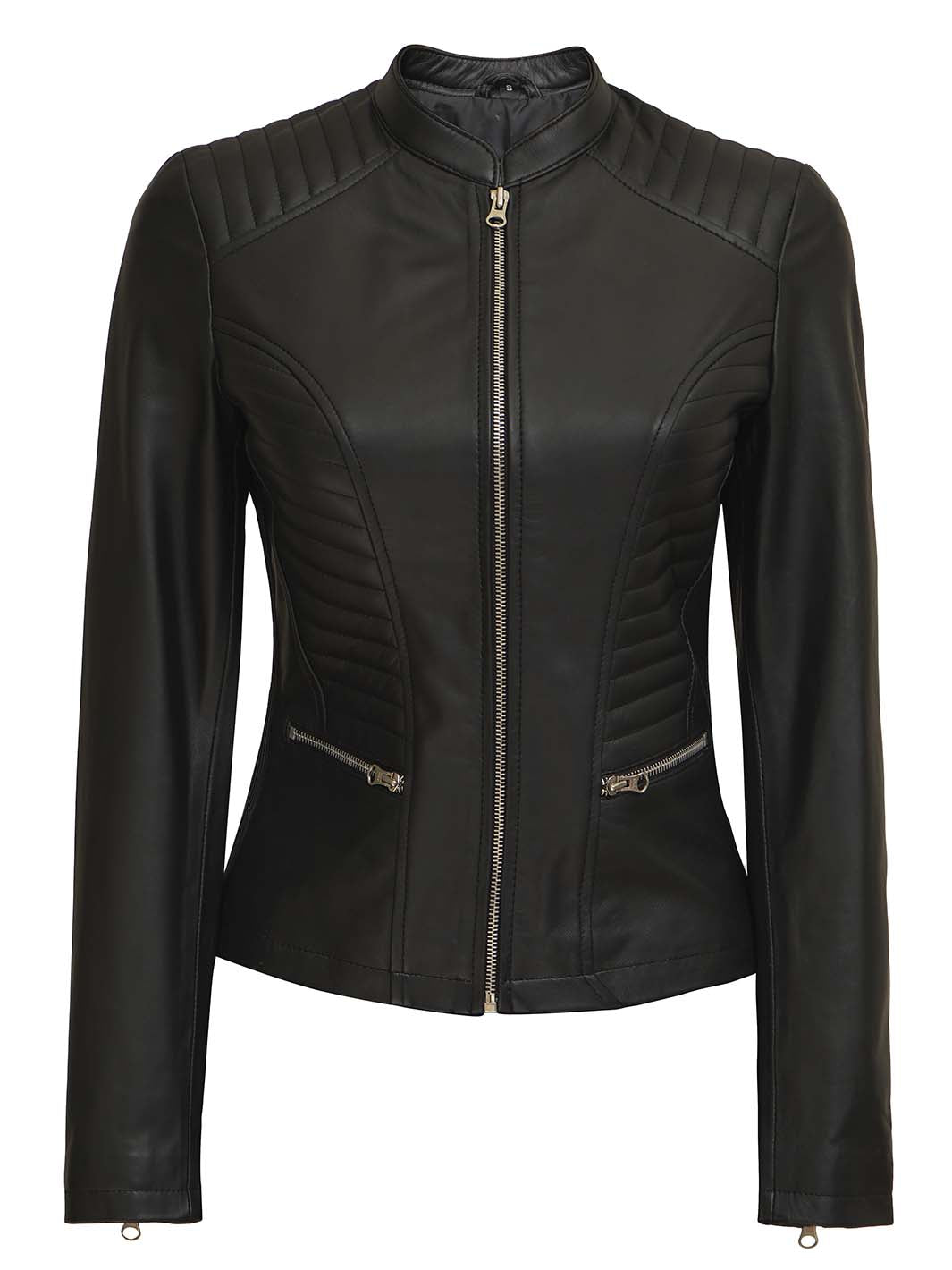 Black Cafe Racer Leather Jacket for Women