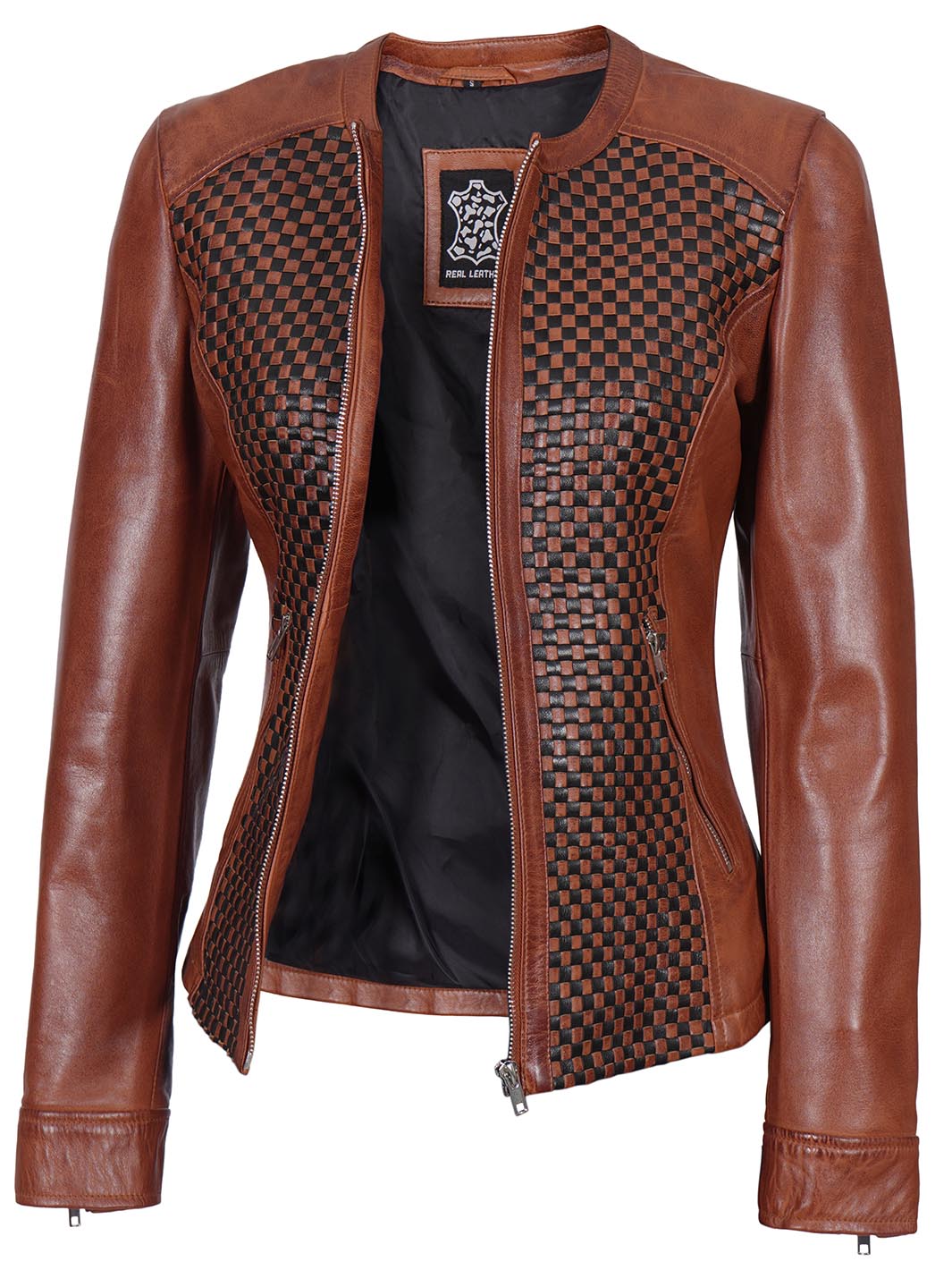 Maude Women Brown Textured Leather Biker Jacket decrumnew