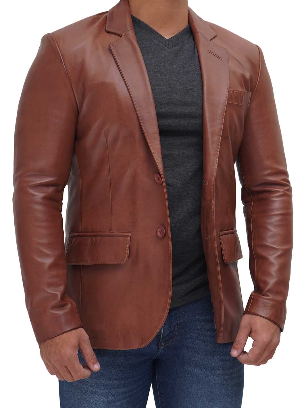 Brandon Men's Tan Real Leather Blazer Decrum