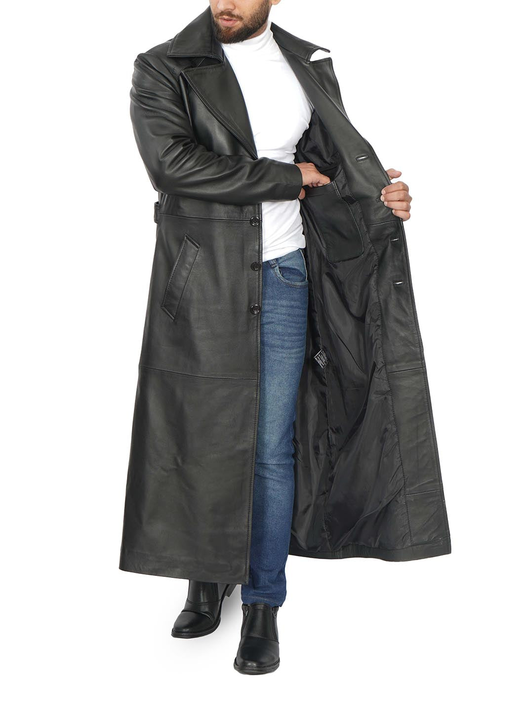 Mens Jackson Black Leather Long coat