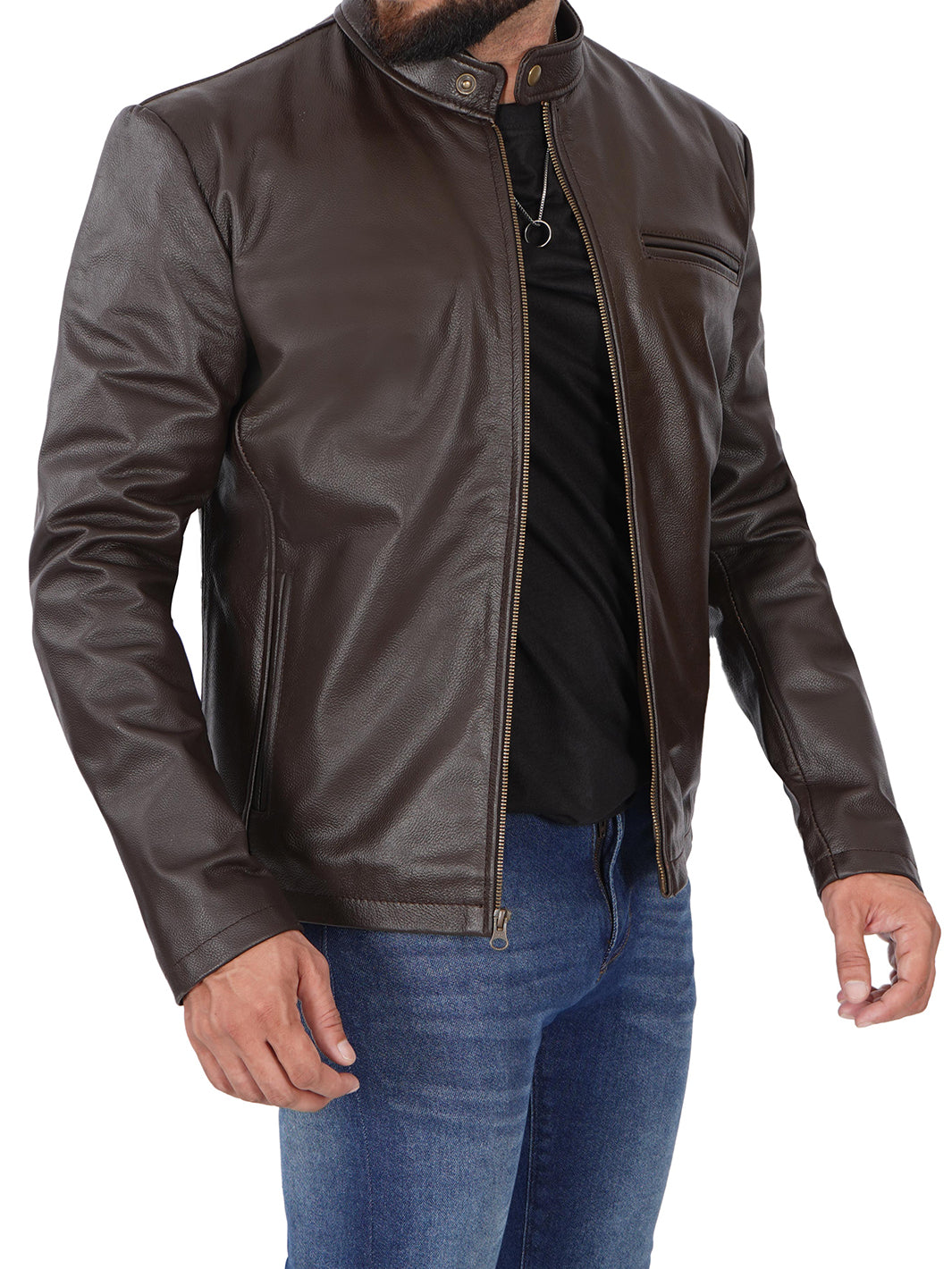 Mens Dark Brown Cowhide Leather Cafe Racer Jacket