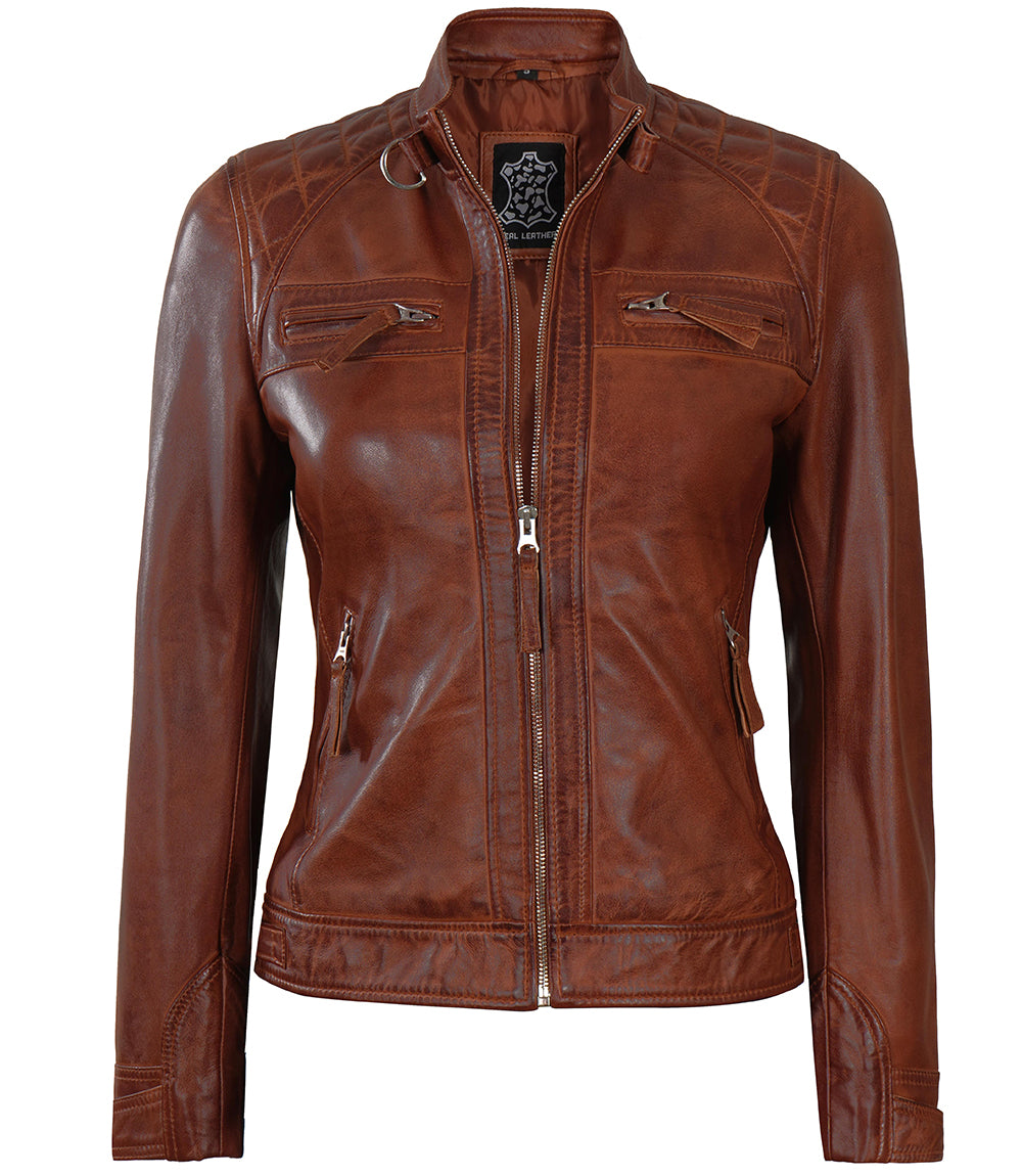 Women Cognac Quilted Cafe Racer Leather Jacket